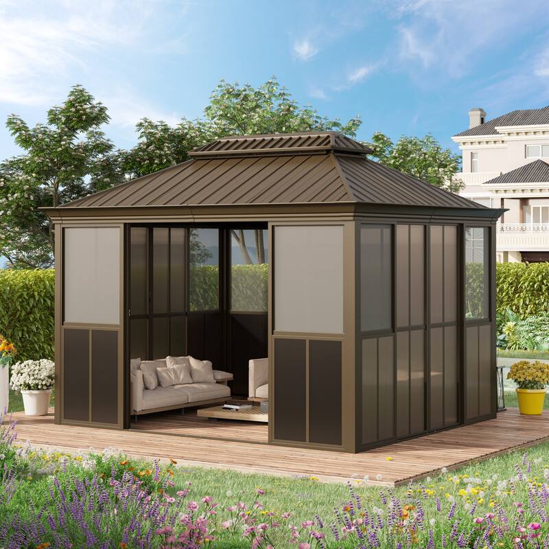 Hardtop Gazebo with Double Steel Roof, Sliding/Lockable Doors & Screens - All-Season Rustproof Aluminum Frame，Advanced Drainage