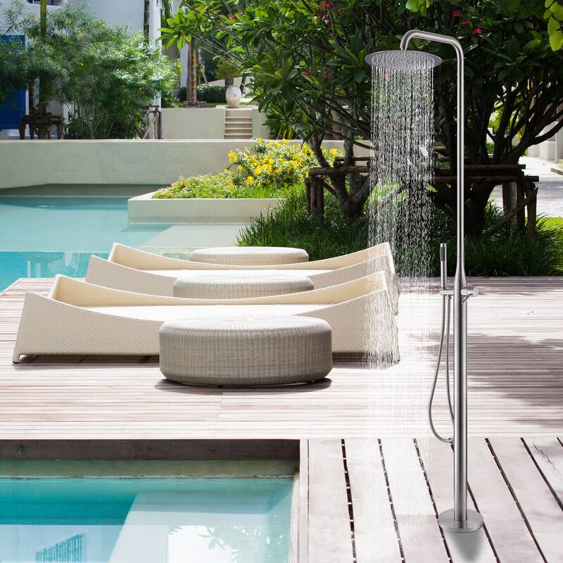 85"H Freestanding Rainfall Outdoor Shower, Stainless Steel Single Handle Shower Head Kit, Shower Fixture Combo Set