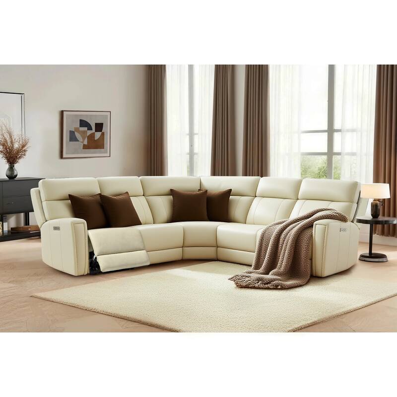 104" W 3-Color Genuine Leather Power Reclining sectional sofa With Zero Gravity, USB&USB-C Ports, 2 Stationary Armlesschairs - Cream