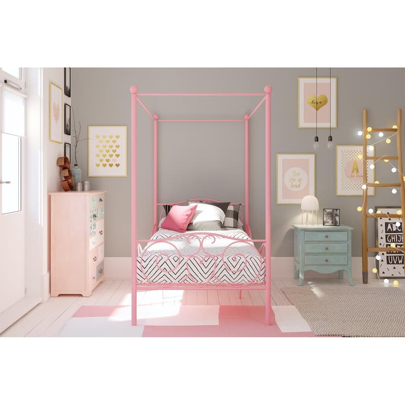 Whimsical Heart-Design Canopy Metal Bed with Slat Support System