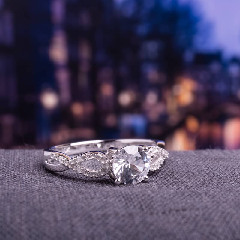 Miadora 10k White Gold Created White Sapphire and 1/10ct TDW Diamond Engagement Ring