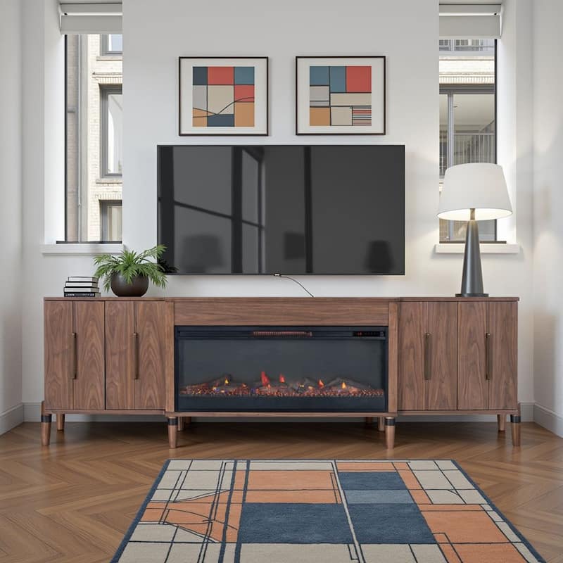 Bridgevine Home Tranquility 94 inch Fireplace TV Stand, for TVs up to 100 inches, Minimal Assembly, Walnut Finish