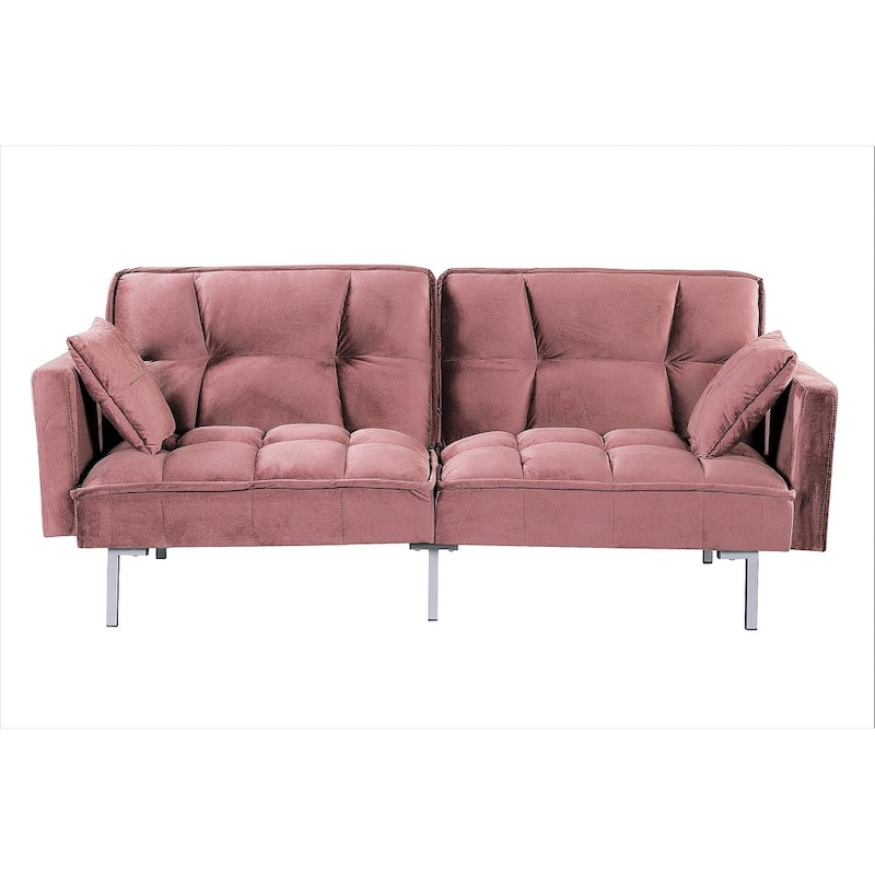 Regal Convertible Sleeper Sofa Bed Velvet Pull Out Couch with Mid-Century Style Tufted Design and Metal Legs - Rose