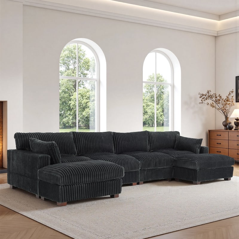 Modern Oversized Plush Corduroy Modular Sectional Sofa with 2 Ottomans - Grey-6 Pieces - Symmetrical