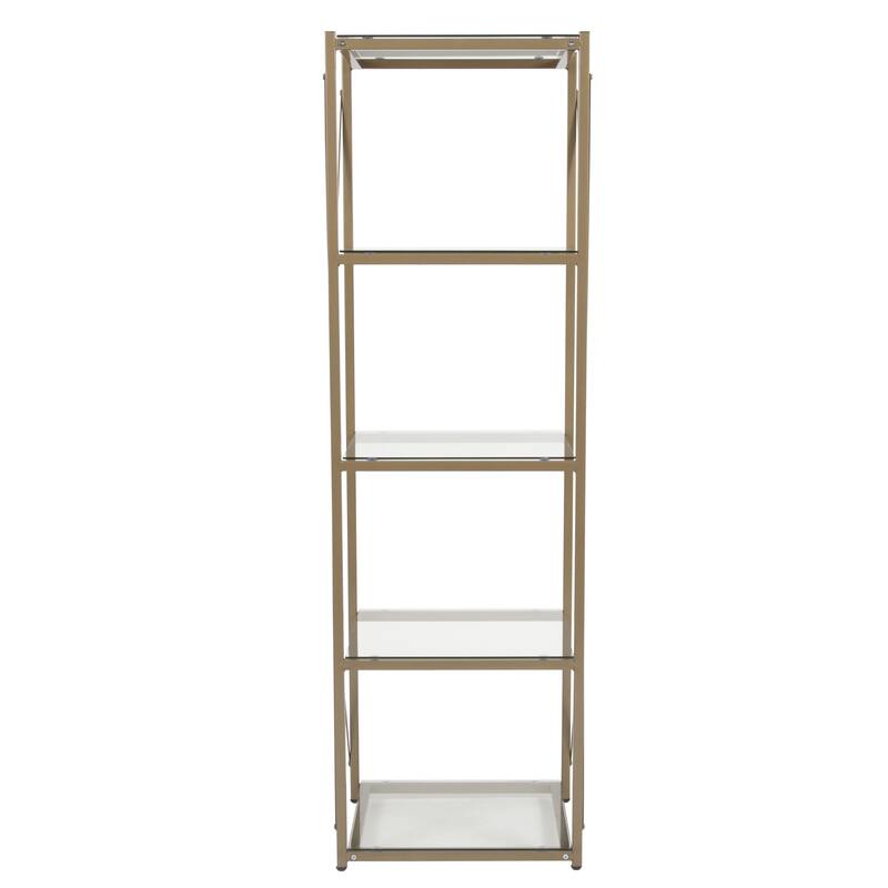 4 Shelf 64"H Cross Brace Glass Bookcase in Matte Gold - Tempered Glass Shelves