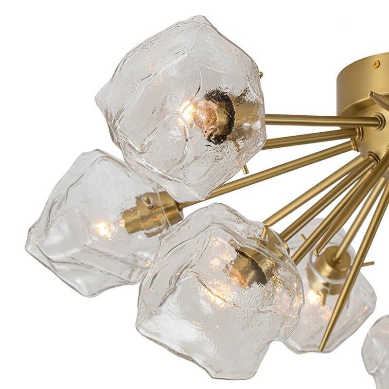 9-Light Sunburst Clear Glass Ice Shade Semi Flush Mount Brushed Brass