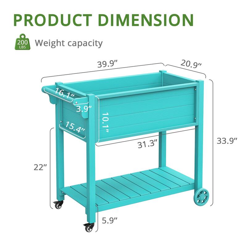Outdoor Garden Bed Patio Plastic Raised Planter Box with Universal Wheels and Storage Shelf