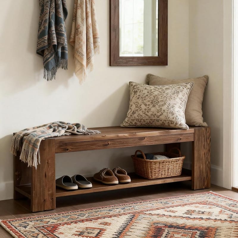 Solid Wood Entryway Bench with Storage Shelf, Wood Shoe Bench for Entrance, Hallway, Dining Room, Living Room, Mudroom, Bedroom - Brown