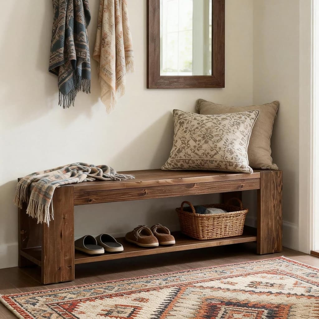 Solid Wood Entryway Bench with Storage Shelf, Wood Shoe Bench for Entrance, Hallway, Dining Room, Living Room, Mudroom, Bedroom