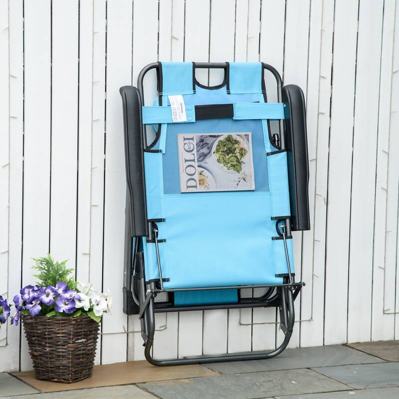 Outdoor Folding Chaise Lounge, 2-in-1 Tanning Chair with Pillow，Armrests & Pocket