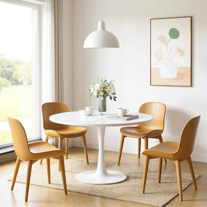 Grondin Mid-Century Modern Round Kitchen or Dining Table with Premium MDF Top and Steel Pedestal Base for Dining Room - Marble White-31.5"Dia