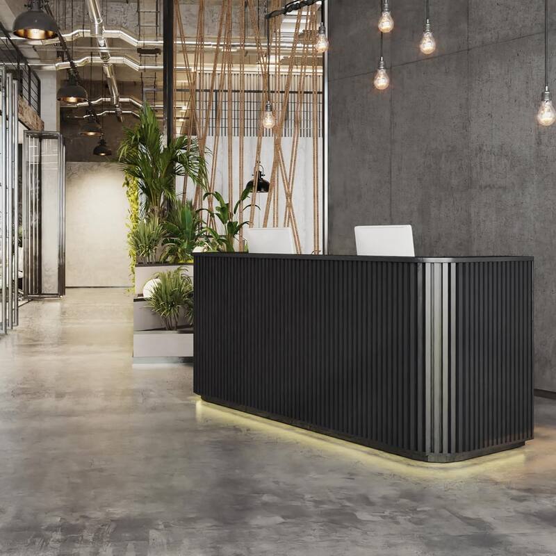 WESOME 70.87in Black Mid Century Curved Reception Desk with Outlet Cable Box LED Light