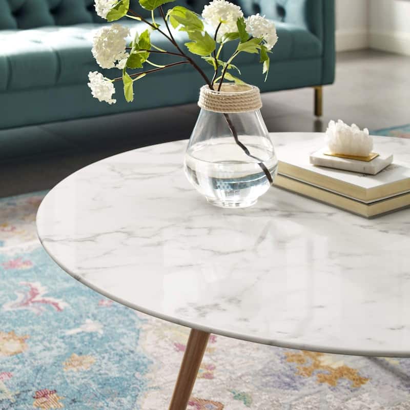 40" Round Artificial Marble Coffee Table, Walnut White