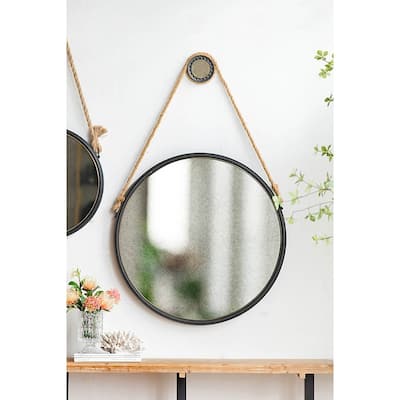 29.5" in On-trend Hanging Round Mirror with Black Framed and with Rope Strap Contemporary Industrial Decor for Bathroom, Bedroom