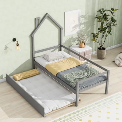Grey Twin House Daybed with Trundle and Guardrails