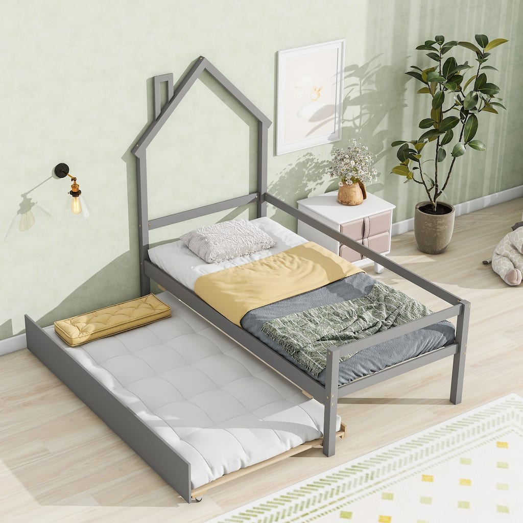 Grey Twin House Daybed with Trundle and Guardrails