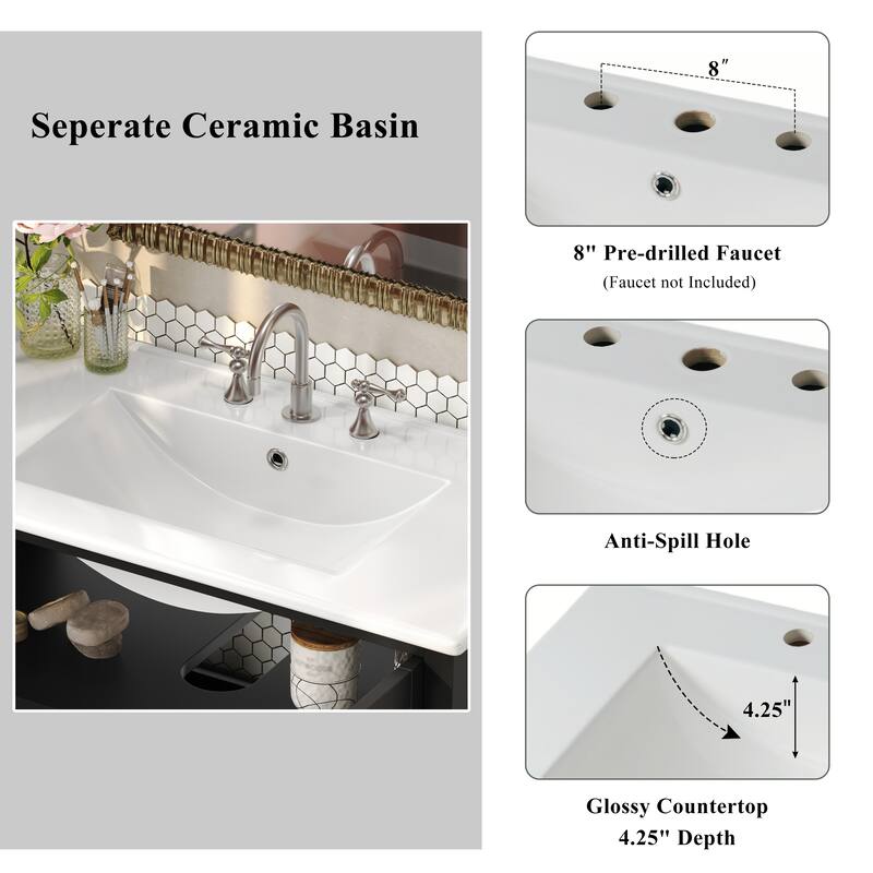 36" Waterproof Bathroom Vanity with Ceramic Sink - Adjustable & Open Shelving, Solid Wood Legs, Soft-Close Hinges