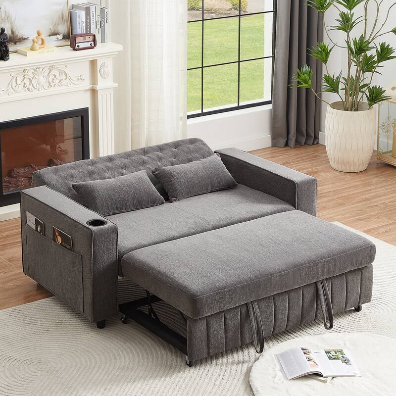 61.41" Chenille Convertible Sofa Bed with Adjustable Backrest, USB & Cup Holders