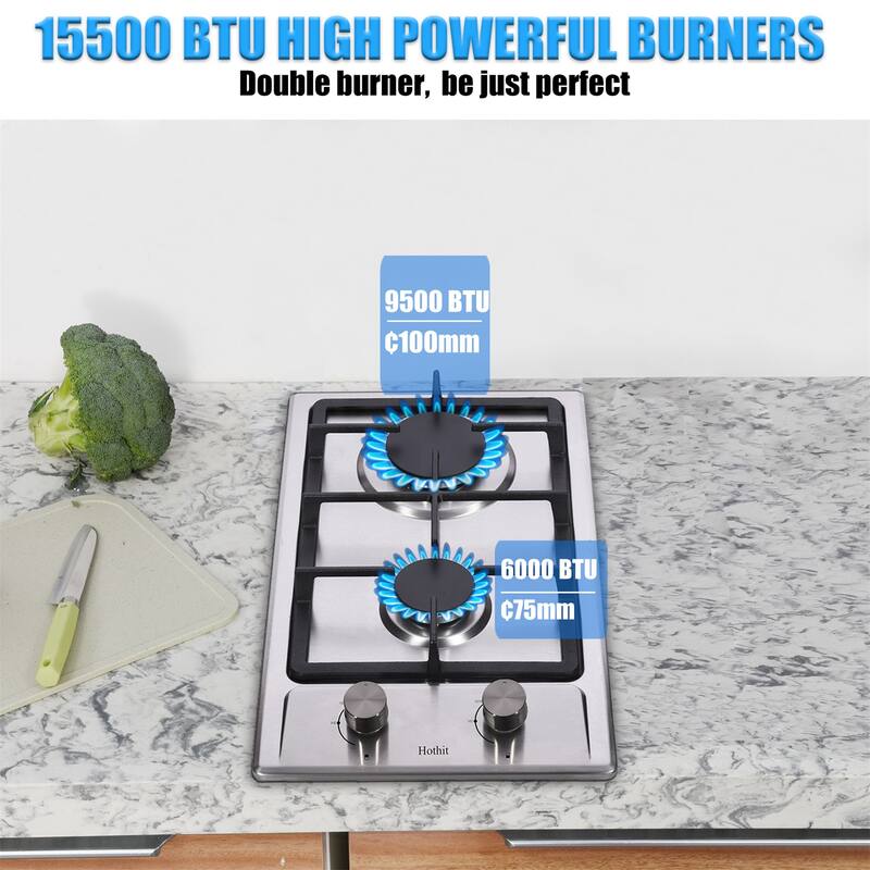 2 Burner Propane Gas Cooktop, LPG/NG Dual Fuel BuiltIn Gas Stove Top