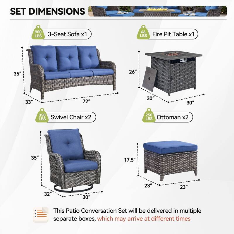 Pocassy Fire Pit Table with 3-Seat Sofa and 2 Swivel Chairs Ottomans