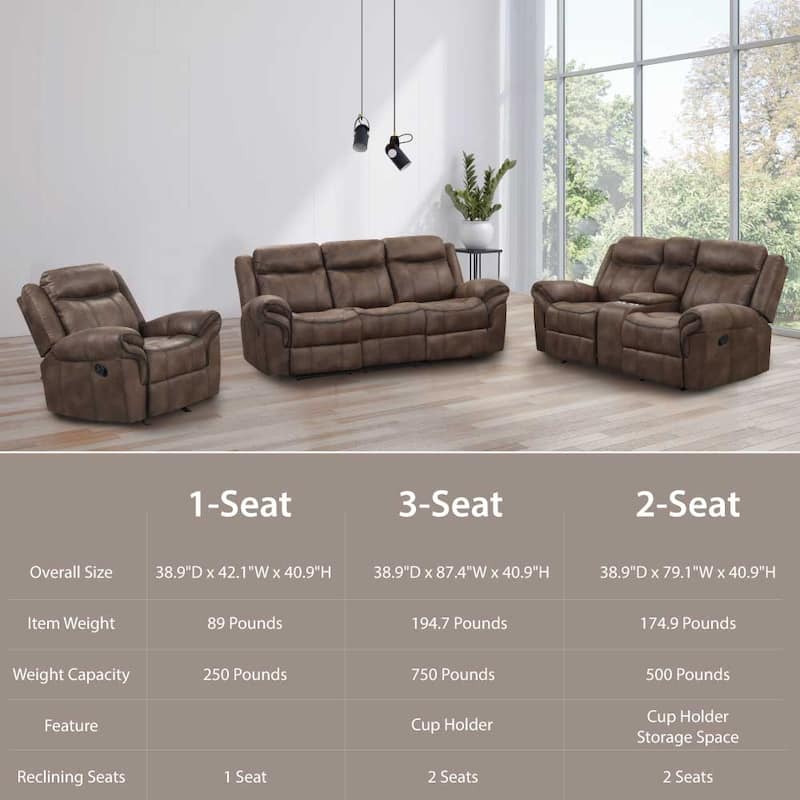 Verne Modern 3-Piece Brown Leather Manual Reclining Sofa Set with Cup Holders