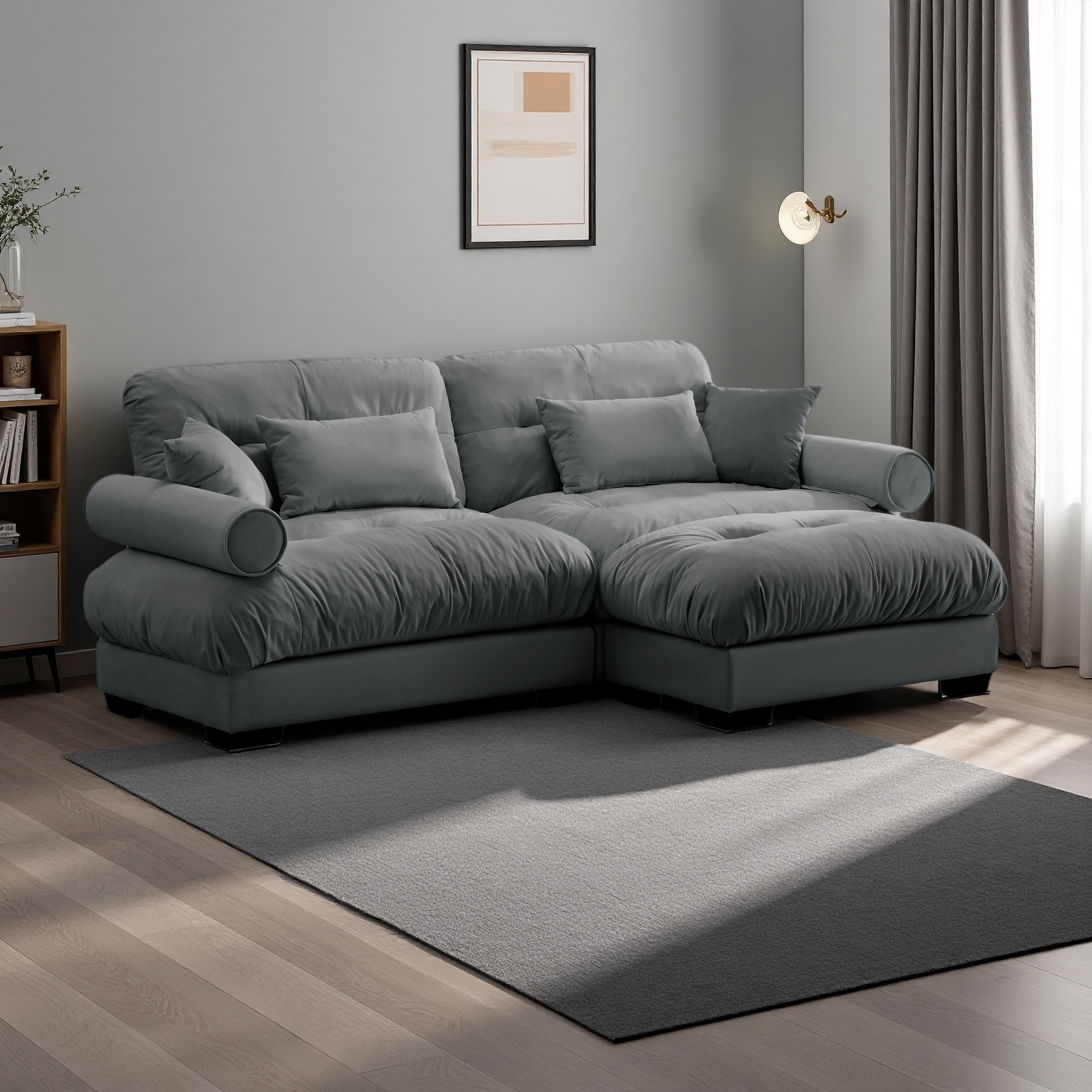 93" Velvet Modern 2-Seater Sectional Sofa with Ottoman & Bolster Armrests