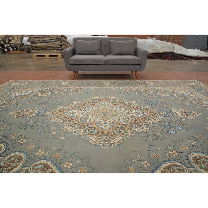 Hand Knotted Oriental 100% Wool Carpet Traditional Floral Greys & Charcoal Tabriz Area Rug - 12' 10'' X 9' 7''