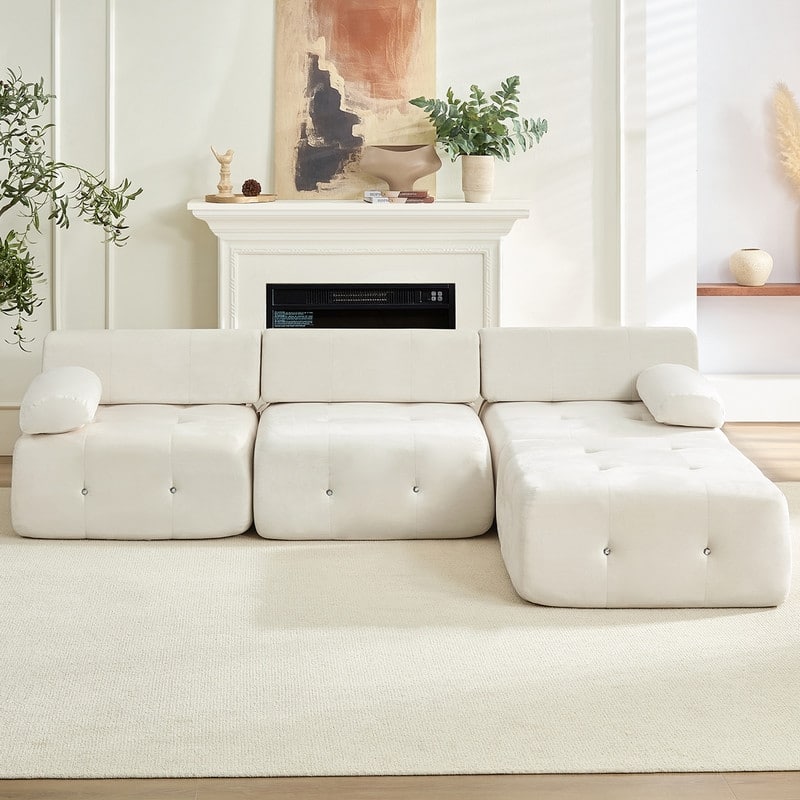 Mixoy 100inch Modular Sectional Sofa with Ottoman,Velvet 3-Seater L-Shaped Couch for Living Room - 100.4"w x 66.9"D x 24.8"H - Beige - Reversible