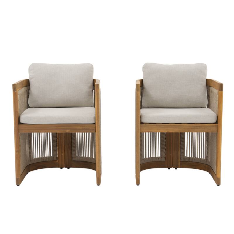 Outdoor Wooden Rope Woven Armchairs with Olefin Cushions, Set of 2