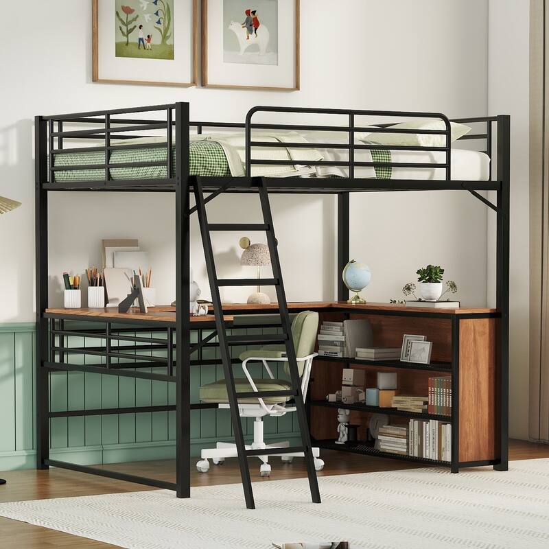 Black Metal Loft Bed with L-shaped Desk and 3 Layers of Shelves, Reversible Ladder - Full - Black