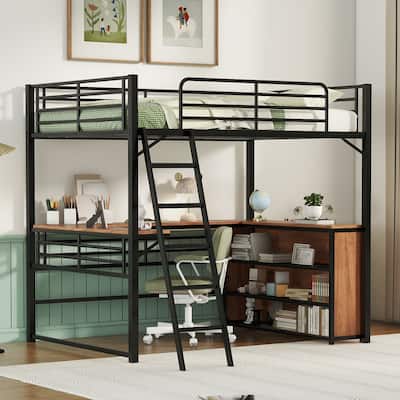 Black Metal Loft Bed with L-shaped Desk and 3 Layers of Shelves, Reversible Ladder