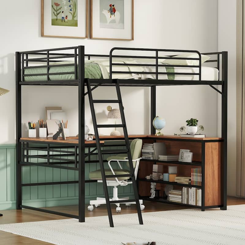 Full Size Metal Loft Bed with L-Shaped Desk and 3-Tier Shelves, Black - Black