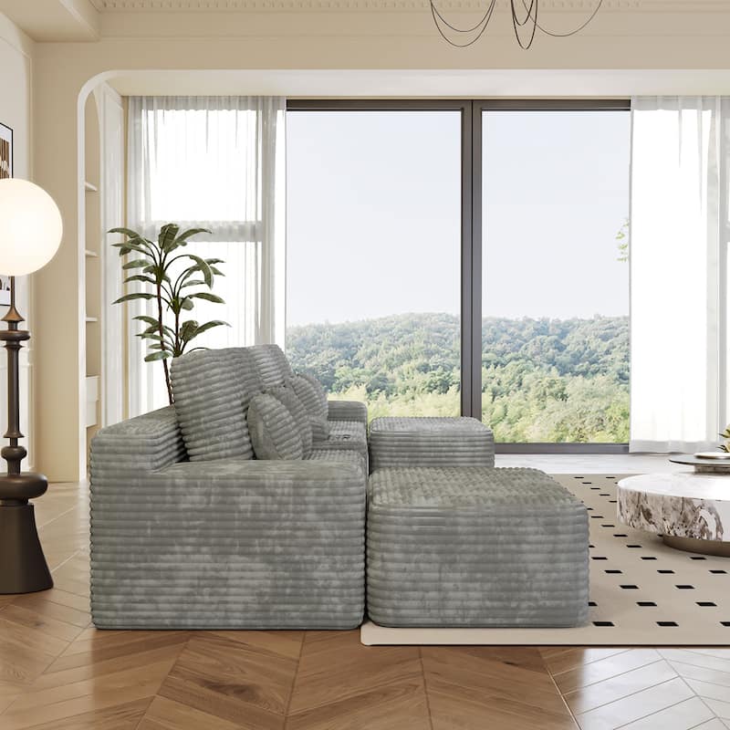 Corduroy Sectional Sofa with Ottomans, Console Table with Storage Box, Charging Station, Cup Holders and Bluetooth Speaker