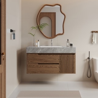 36"Mid Century Modern Wall-Mounted Bathroom Vanities,Single Sink,Brown Wood Texture with Sintered Stone Table top