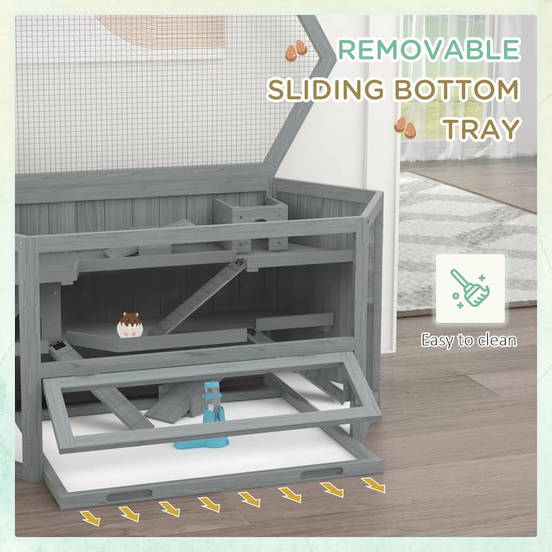 Grey Fir Wood 3-Tier Hamster Cage with Clear Walls and Seesaw Toy - 45.3" L x 23.6" W x 21.7" H