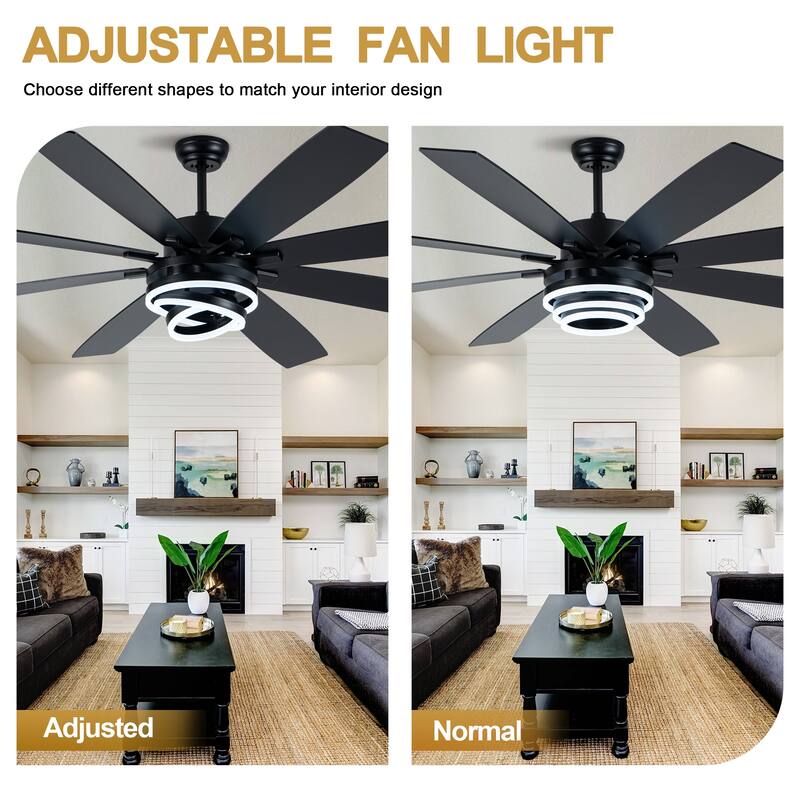Cusp Barn 52"/72" Modern Large Dimmable LED Ceiling Fan with Lights and Remote, Reversible 8-Blade DC Motor DIY Shape Chandelier