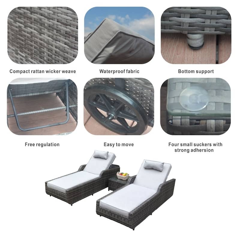 3-piece Patio Wicker Adjustable Chaise Lounge Set with Arms （Throw Pillow Not Include）