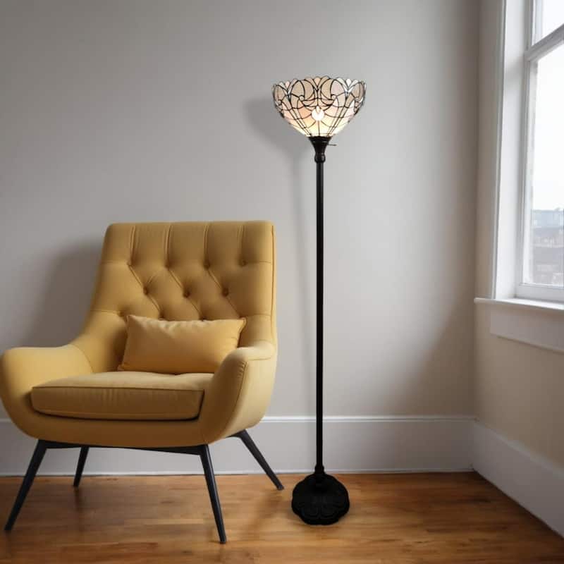 Brown Metal Torchiere Floor Lamp with White Stained-Glass Dome Shade - 14” x 14” x 62” (D x W x H)