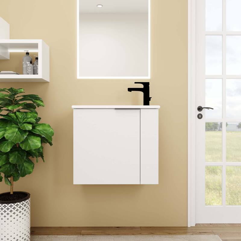 22 inch Plywood Wall-Mounted Bathroom Vanity in Grey Oak with Integrated Ceramic Sink in White with Soft Closing Door