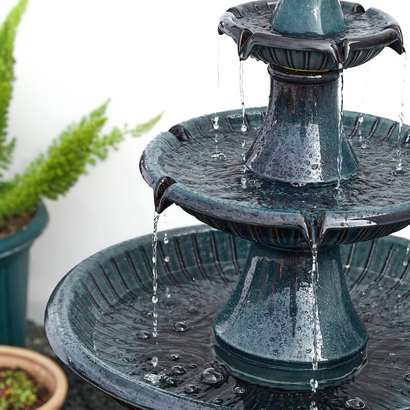 Glitzhome 45"H Oversized 3-Tier Pedestal Lotus Ceramic Resin Outdoor LED Fountains