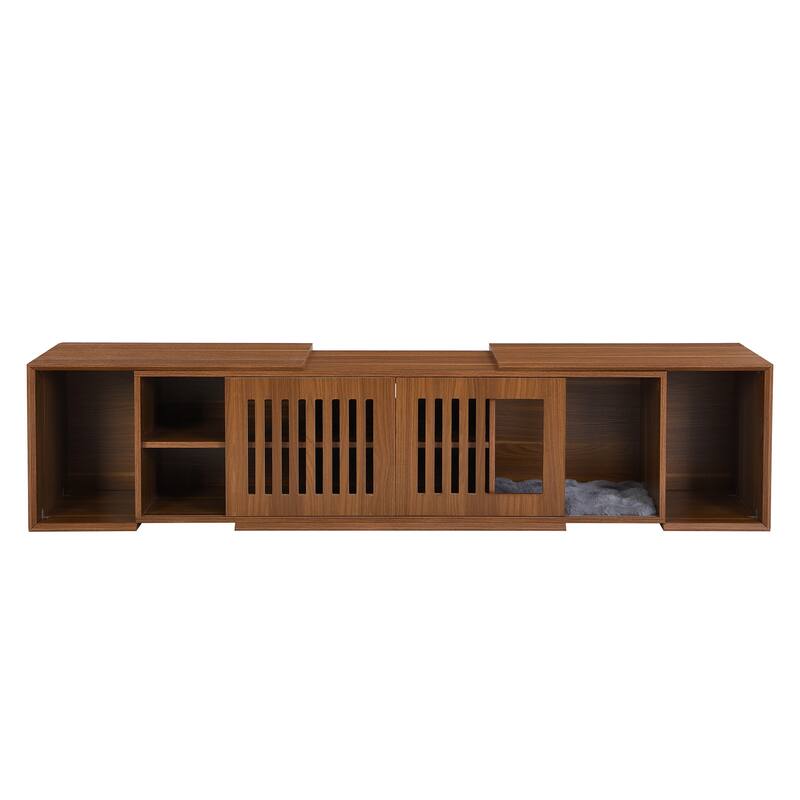 Extendable TV Stand with Cat Cushion, Pet-Friendly Entertainment Center with Sliding Door, Wooden Media TV Console Table