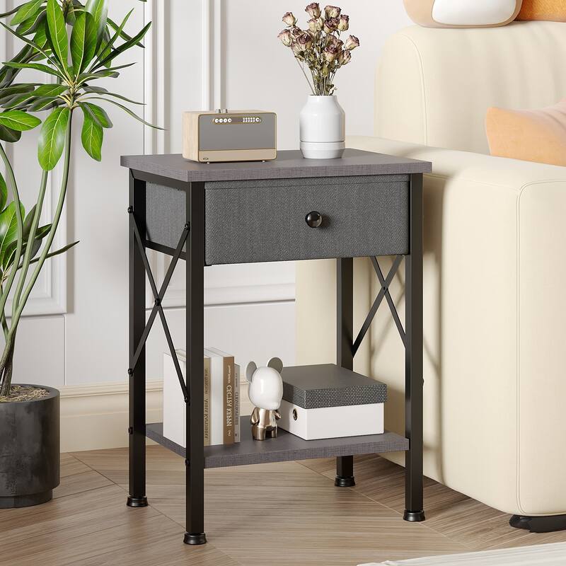 VECELO X Frame Nightstand with Removable Fabric Drawer Easy to Clean Nightstand Multifunctional End Table with Open Shelf - Charcoal Grey