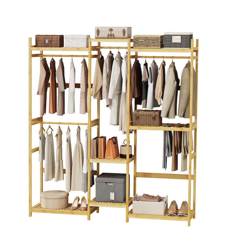 Large Bamboo Clothing Garment Rack Multi-tiered Wardrobe