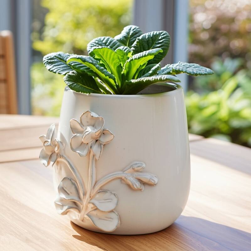 Decorative Ceramic Flower Planter with Flower Applique - Ivory