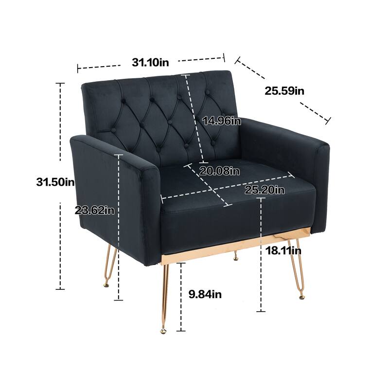Velvet Upholstered Armchair Single Sofa Modern Tufted Reading Chairs Gold Metal Leg Wingback Chairs for Living Room Bedroom