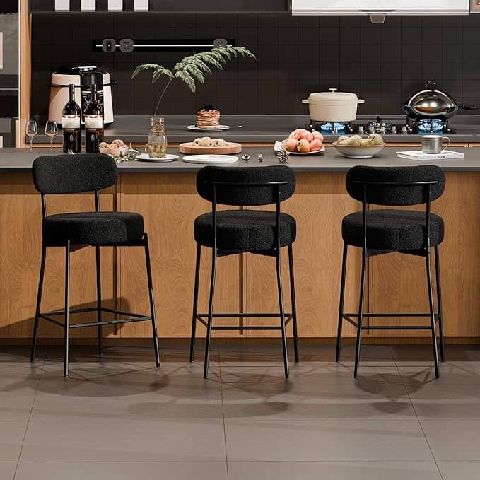XINMICS 24 Inches Modern Counter Height Bar Stools with Curved Back Metal Legs, Upholstered Boucle Barstools, Set of 2/3/4 - Set of 3 - Black - Counter Height