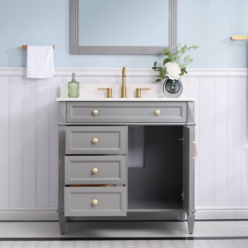 35''H Solid Wood Bath Vanity With Carrera White Quartz Top and Sink