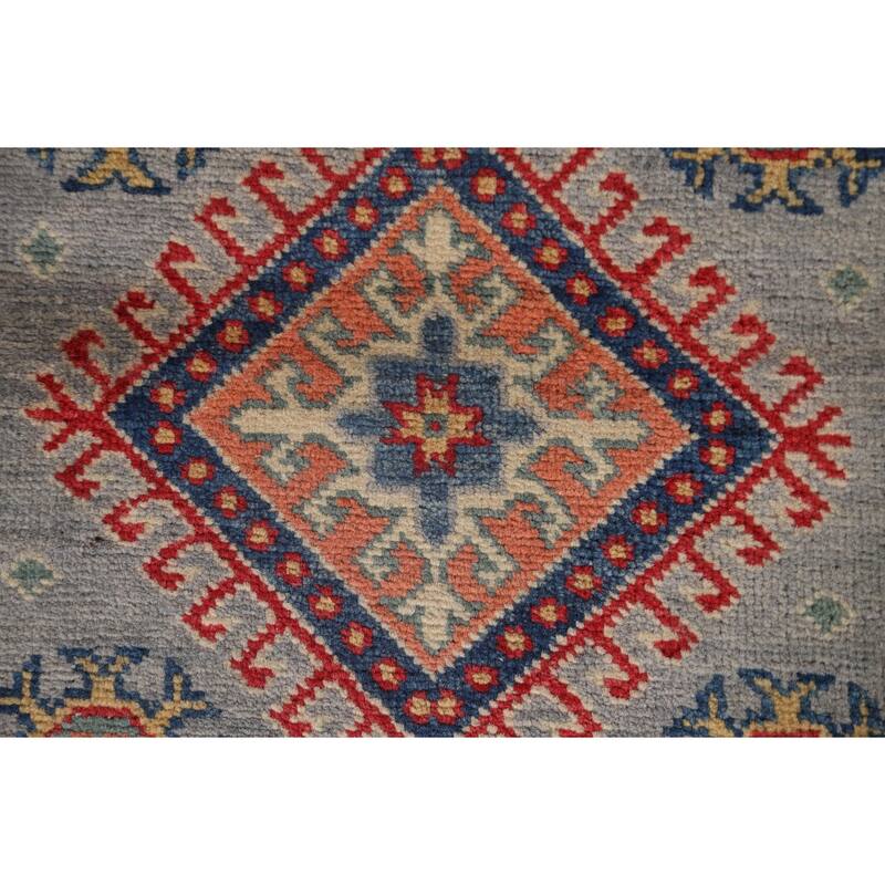 Traditional Geometric Kazak Oriental Grey Wool Runner Rug Hand-knotted - 2'8" x 9'9"
