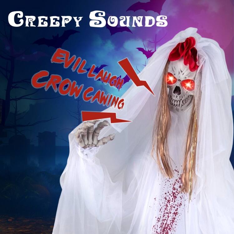 White Metal Fabric Animatronic Halloween Bride with Sound and Motion