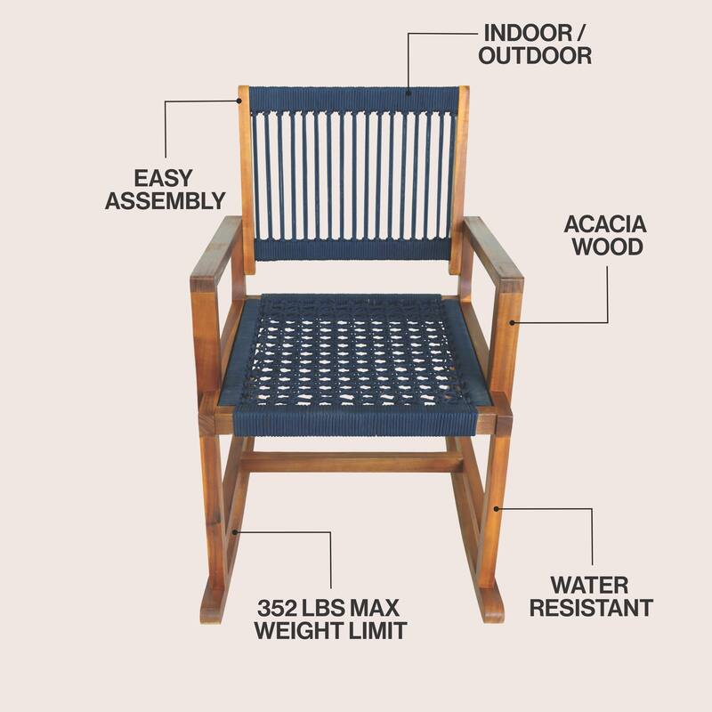 JONATHAN Y Laguna Coastal Casual 352-LBS Support Acacia Wood and Woven Rope Outdoor Rocking Chair